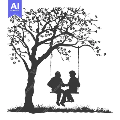 Aset desain premium: Silhouette of a Couple on a Swing Under a Blooming Tree