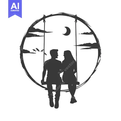 Silhouette of a Couple on a Swing Under a Crescent Moon