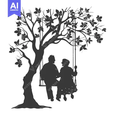 Aset premium populer: Silhouette of a couple on a swing under a leafy tree.