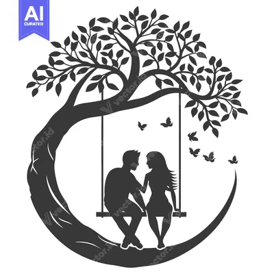 Popular premium asset: Silhouette of a couple on a swing under a leafy tree with butterflies