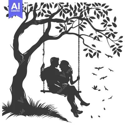 Aset desain premium: Silhouette of a Couple on a Swing Under a Tree