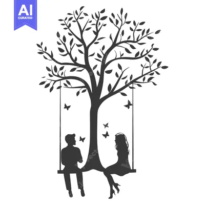 Aset desain premium: Silhouette of a Couple on a Swing Under a Tree