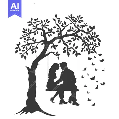 Aset desain premium: Silhouette of a Couple on a Swing Under a Tree