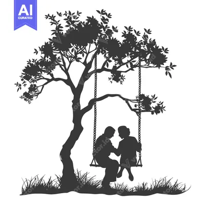Aset desain premium: Silhouette of a Couple on a Swing Under a Tree
