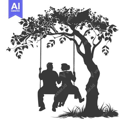 Aset desain premium: Silhouette of a Couple on a Swing Under a Tree