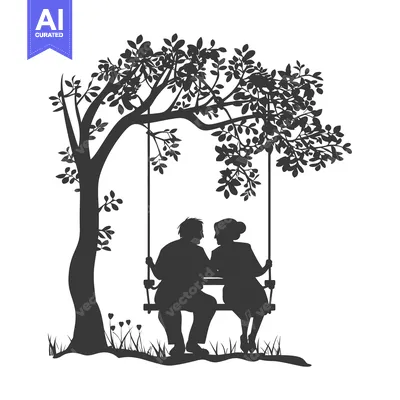 Aset desain premium: Silhouette of a couple on a swing under a tree