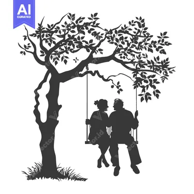 Aset desain premium: Silhouette of a couple on a swing under a tree