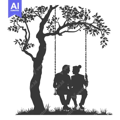 Aset desain premium: Silhouette of a couple on a swing under a tree