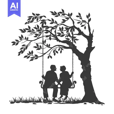 Silhouette of a Couple on a Swing Under a Tree