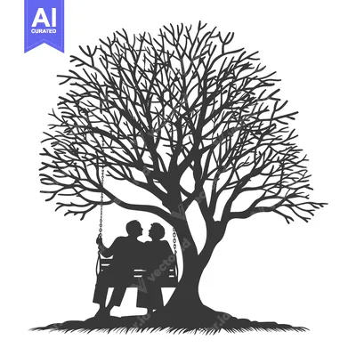Aset desain premium: Silhouette of a Couple on a Swing Under a Tree