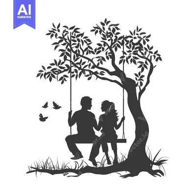 Silhouette of a Couple on a Swing Under a Tree