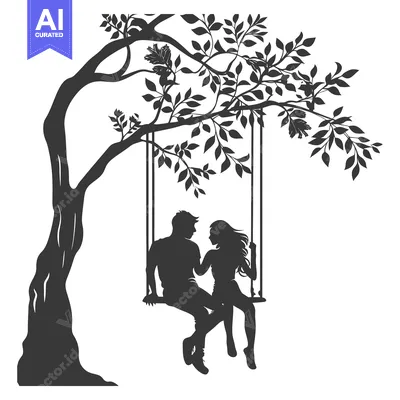 Silhouette of a Couple on a Swing Under a Tree