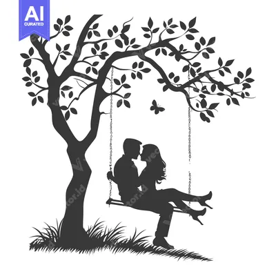 Aset desain premium: Silhouette of a Couple on a Swing Under a Tree