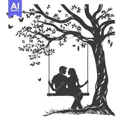 Silhouette of a Couple on a Swing Under a Tree
