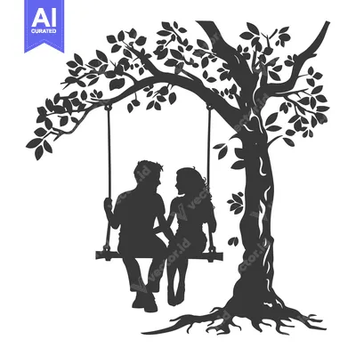 Aset desain premium: Silhouette of a Couple on a Swing Under a Tree