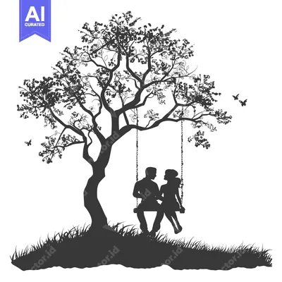 Aset desain premium: Silhouette of a Couple on a Swing Under a Tree