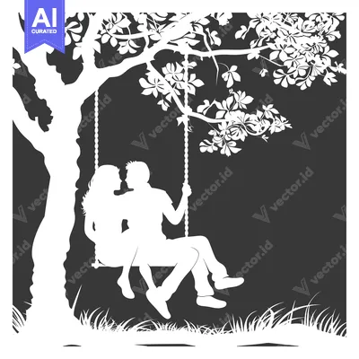 Aset desain premium: Silhouette of a Couple on a Swing Under a Tree
