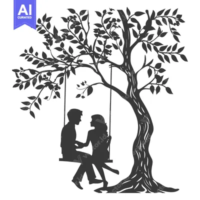 Aset desain premium: Silhouette of a Couple on a Swing Under a Tree
