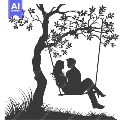 Silhouette of a couple on a swing under a tree
