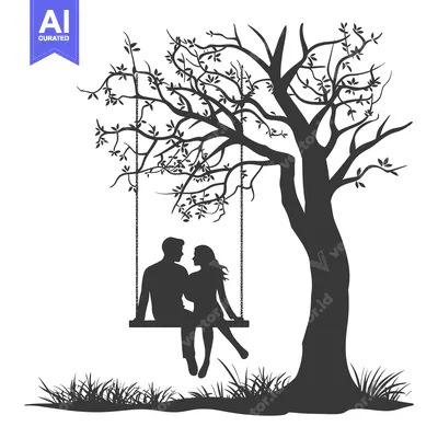 Silhouette of a Couple on a Swing Under a Tree