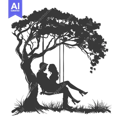 Aset desain premium: Silhouette of a Couple on a Swing Under a Tree