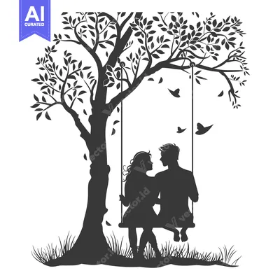 Silhouette of a Couple on a Swing Under a Tree