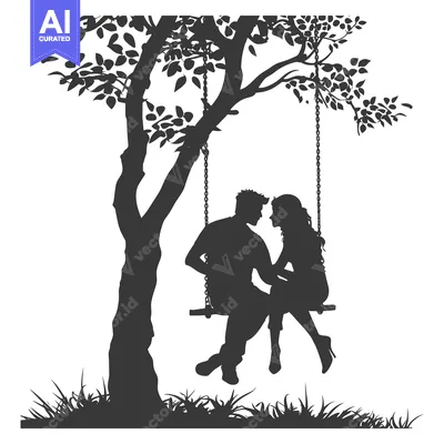 Aset desain premium: Silhouette of a Couple on a Swing Under a Tree