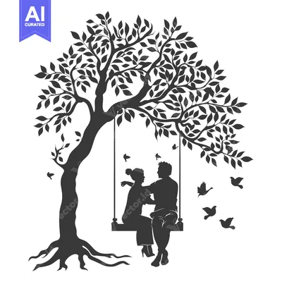 Aset premium populer: Silhouette of a Couple on a Swing Under a Tree with Birds Flying
