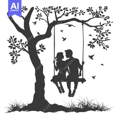 Aset premium populer: Silhouette of a Couple on a Swing Under a Tree with Birds Flying