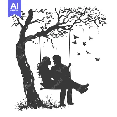 Aset premium populer: Silhouette of a couple on a swing under a tree with birds flying above