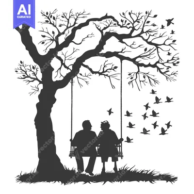 Premium design asset: Silhouette of a Couple on a Swing Under a Tree with Birds Flying Aroun