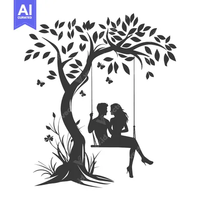 Aset premium populer: Silhouette of a couple on a swing under a tree with butterflies