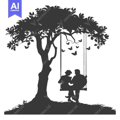 Aset desain premium: Silhouette of a Couple on a Swing Under a Tree with Butterflies