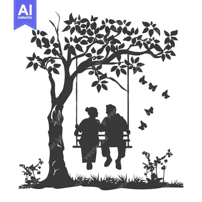 Aset desain premium: Silhouette of a Couple on a Swing Under a Tree with Butterflies