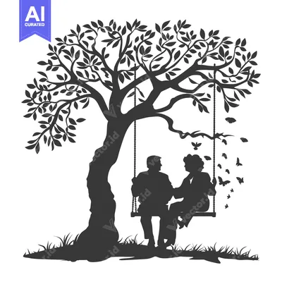 Aset premium populer: Silhouette of a Couple on a Swing Under a Tree with Butterflies