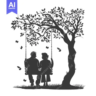 Aset desain premium: Silhouette of a Couple on a Swing under a Tree with Butterflies
