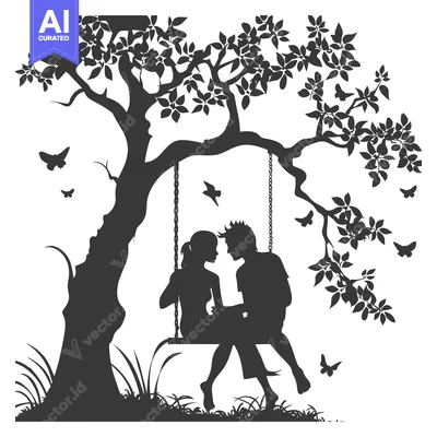 Aset desain premium: Silhouette of a Couple on a Swing Under a Tree with Butterflies