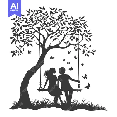 Aset desain premium: Silhouette of a Couple on a Swing Under a Tree with Butterflies