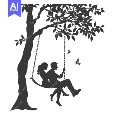 Aset premium populer: Silhouette of a couple on a swing under a tree with butterflies