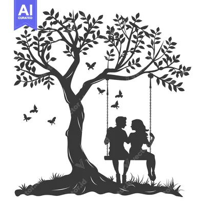 Premium design asset: Silhouette of a Couple on a Swing under a Tree with Butterflies