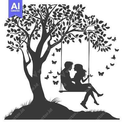 Aset desain premium: Silhouette of a Couple on a Swing under a Tree with Butterflies