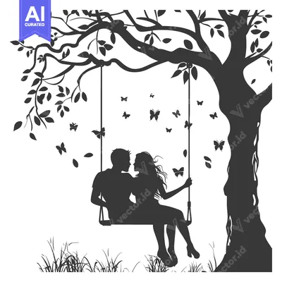 Silhouette of a Couple on a Swing Under a Tree with Butterflies