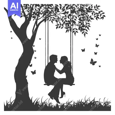 Aset desain premium: Silhouette of a Couple on a Swing under a Tree with Butterflies