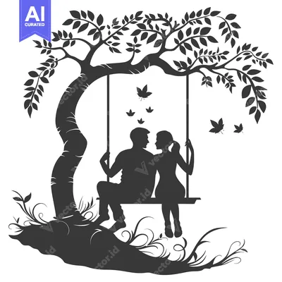 Aset premium populer: Silhouette of a Couple on a Swing Under a Tree with Falling Leaves