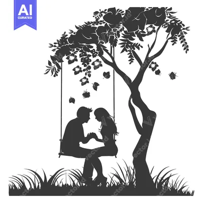Aset premium populer: Silhouette of a couple on a swing under a tree with flowers