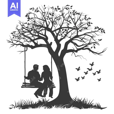 Aset desain premium: Silhouette of a Couple on a Swing Under a Tree with Flying Birds