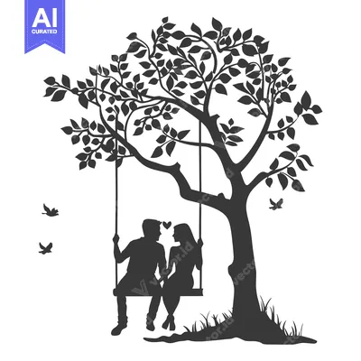 Silhouette of a Couple on a Swing Underneath a Tree