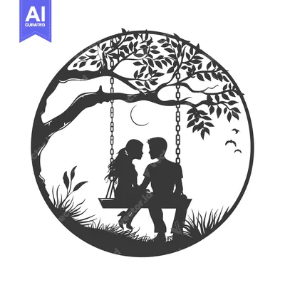 Silhouette of a Couple on a Swing Underneath a Tree with a Crescent Mo