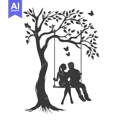 Aset premium populer: Silhouette of a Couple on a Swing Underneath a Tree with Butterflies