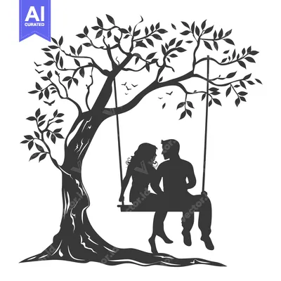 Aset desain premium: Silhouette of a Couple Sitting on a Swing Hanging from a Tree
